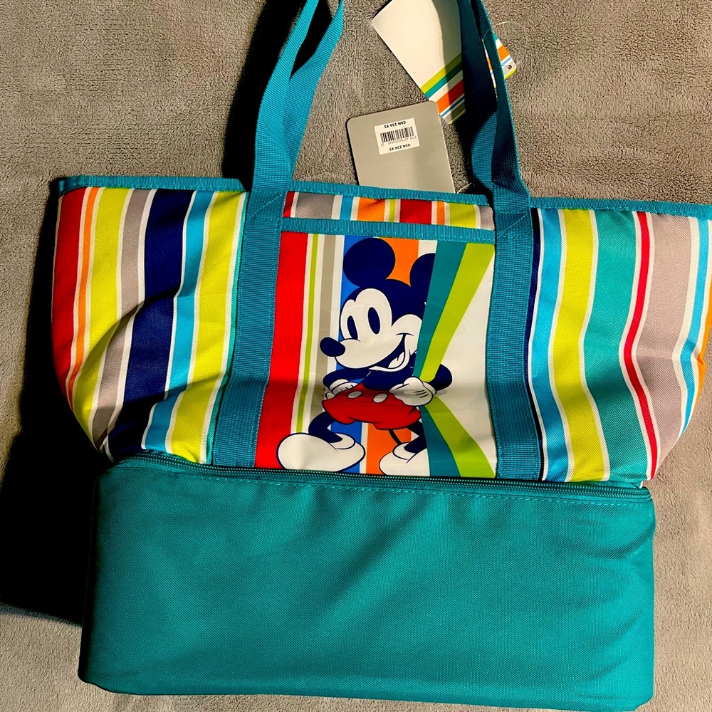 New Disney store insulated zip cooler tote, teal striped Mickey Mouse